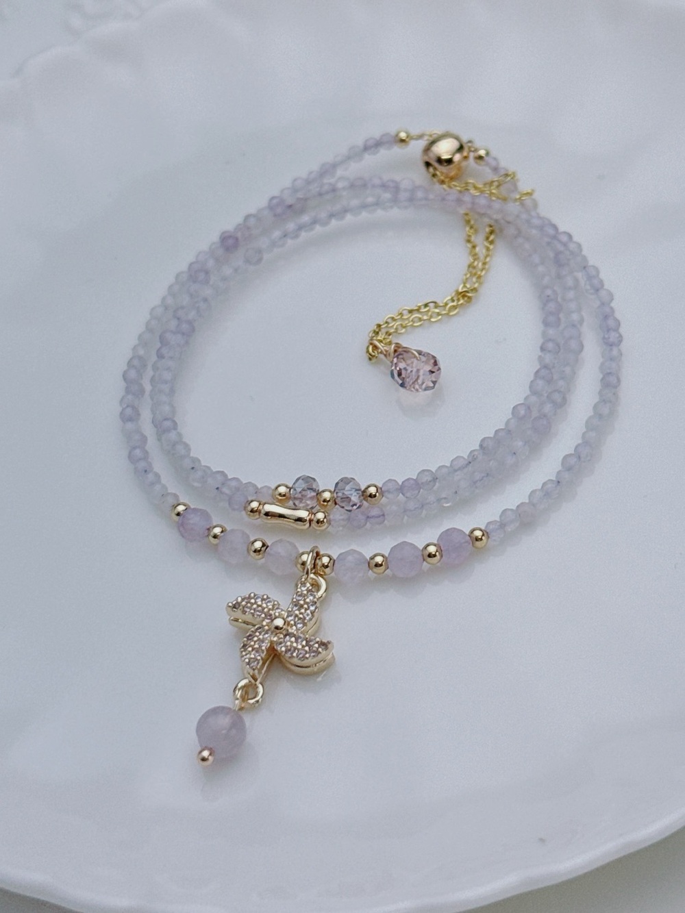 GB96 Handmade Lavender Amethyst Triple Layers Bracelet Necklace 2in1 20+5” - Picture 3 of 6